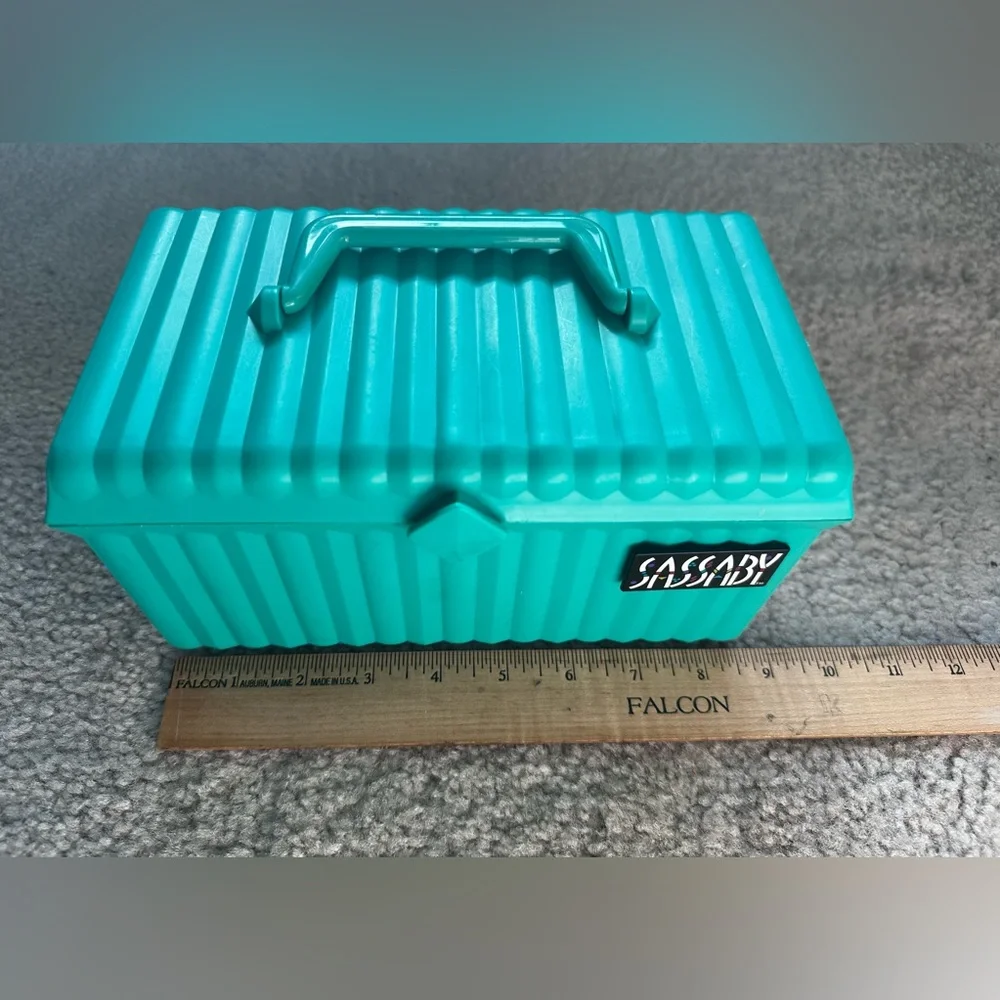 Vintage Sassaby Green Makeup Storage Case Jewelry Box Organizer #107 Tray Mirror